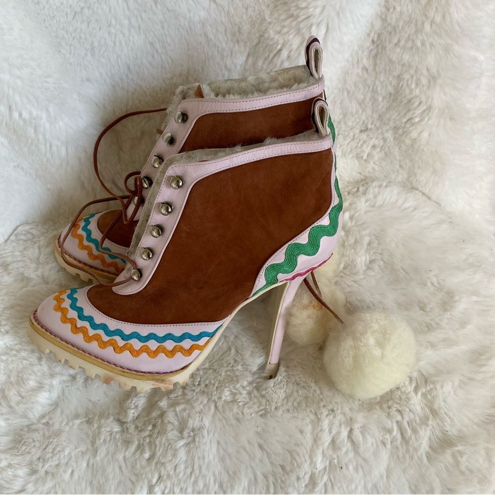 NEW Sophia Webster Katy shearling lined suede leather Pom Pom heel ankle boots 7 - Picture 6 of 13